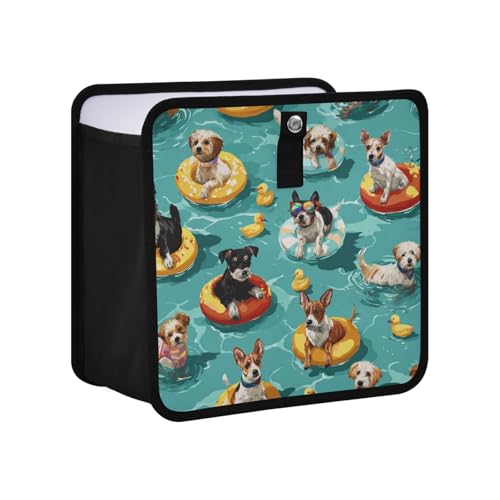 Image of Car Trash Can Organizer Bin with Adjustable Strap for Back Front Seat Console Waterproof Leakproof Collapsible Portable 8.66 Inch Teal Swimming Pool Dogs and Ducks