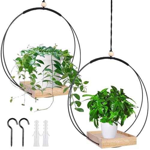 GOMETY 2 Stück Makramee Blumenampel mit Hölzernen Basis, H93cm Hängetopf für den Innenbereich mit Holzsockel, Metallring und Aufhängeschlaufe, Hängende Pflanzgefäße für Wände und Decken Schwarze