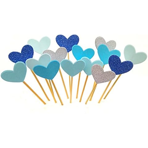 Cupcake Toppers 30Pcs Set, GUCUJI Funny Blue Heart DIY Glitter Mini Birthday Cake Snack Decorations Picks Suppliers Party Accessories for Wedding and Baby Shower Cover