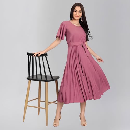 Image of KUDUZO Women's Crepe Long Pleated Below Knee Length Flutter Sleeve Round Neck S to XL Maxi Dress for Girls. (EG-U0IM-B9A1)