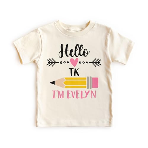 Hello TK Personalized Shirts For Girls - Custom Name Back To School Transitional Kindergarten Pencil Outfit - Cute Gift For First Day Of School Announcement - Natural Toddler & Youth T-Shirt