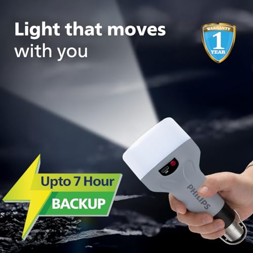 Image of Philips Zenith 9W Portable Emergency Torch Light | LED Bulb, B22 Base | Up to 7 Hours Backup, Type-C & AC Charging, Lithium-Ion Battery, Includes Hanging Hook (Grey) | Cool Day Light, Pack of 1