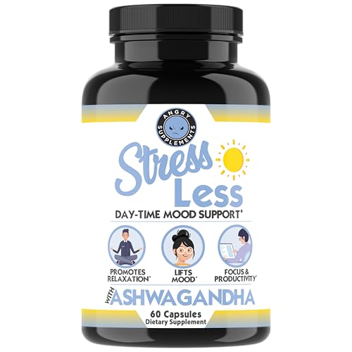 Angry Supplements Stress Less Day-Time Mood Support Pills – Natural Stress Relief with Ashwagandha, Rhodiola, L-Theanine, Magnesium & B Vitamins– Calm Focus & Mental Clarity – 60 Capsules (1-Bottle)