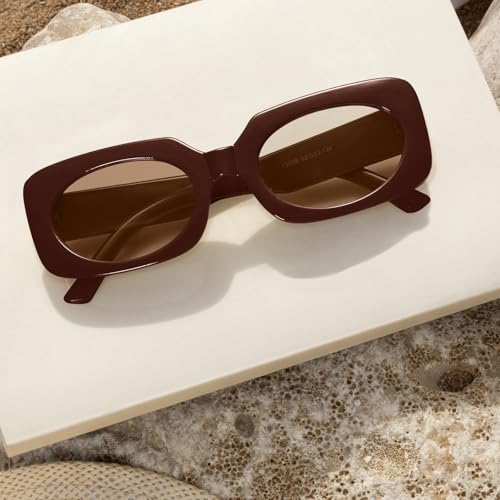 1 Pack Rectangle Sunglasses for Women Men Trendy Retro 90s Sun Glasses UV400 Protection Cool Square Frame Candy Color,Brown