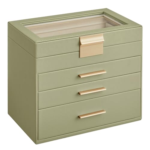 SONGMICS Jewelry Box with Glass Lid 4-Layer Jewelry Organizer 3 Drawers for Sunglasses Big Jewelry Jewelry Storage Modern Style Laurel Green UJBC161C02