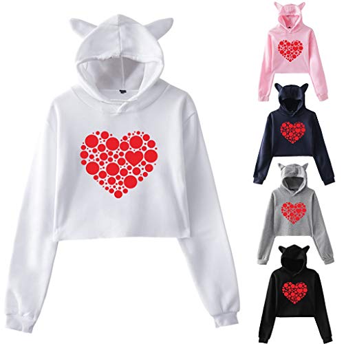 Aunimeifly Women\'s Hooded Sweatshirt Cat Ears T-Shirts Heart-Shaped Print Tops Loose Shirt Short Blouse(Navy,M) - Thumbnail 3