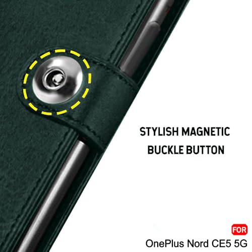 Image of TheGiftKart Genuine Leather Finish Flip Back Cover Case for OnePlus Nord CE 5 5G | Inbuilt Pockets & Stand | Wallet Style | Designer Button | Flip Back Cover for OnePlus Nord CE5 (Faux Leather, Green)