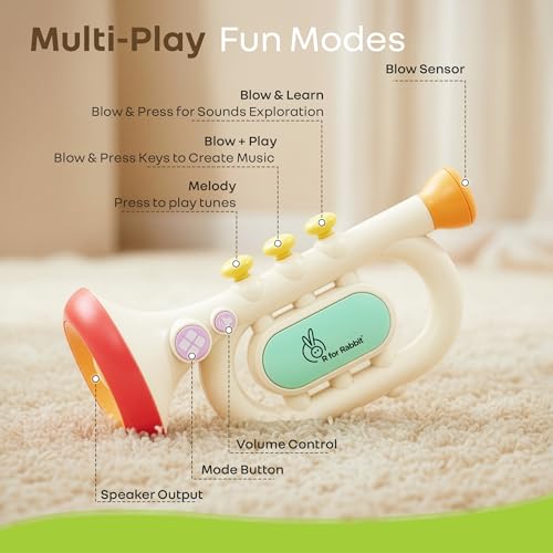 Image of R for Rabbit Orapple Funtunes Trumpet Musical Toys for Kids | Light & Sound Music with Smart Auto Shut Off | 3 Play Modes | Early Learning Music Toy for Toddlers Ages 1+ Ideal for Kids (Beige Multi)