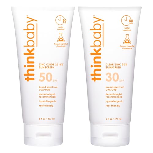Image of Thinkbaby SPF 50+ Baby Mineral Sunscreen, 6 oz + Thinkbaby Clear Zinc Oxide Baby Sunscreen, 6 oz, SPF 30, Water Resistant, Broad Spectrum UVA/UVB Sun Protection