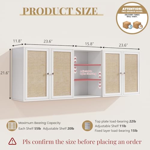 Image of Rattan Wall Cabinets for Laundry Room, 24 INCH Floating Wall Cabinets with 15.8 INCH Shelf for Bathroom, Hanging Wall Cabinet for Bedroom, Kitchen, Bathroom(3PCS, White)