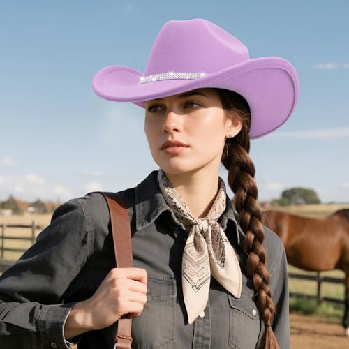 Image of DRESHOW Glitter Cowboy Hat Classic Western Rhinestone Cowgirl Hat Outdoor Wide Brim Retro Felt Fedora Hats Rolled up Caps