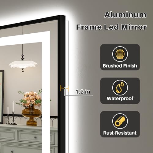 Image of 55x30 Inch LED Bathroom Mirror with Black Frame, Backlit & Front Lit, Anti-Fog Lighted Bathroom Vanity Mirror for Wall, Memory Function, Dimmable, HD Tempered Glass, Shatter-Proof