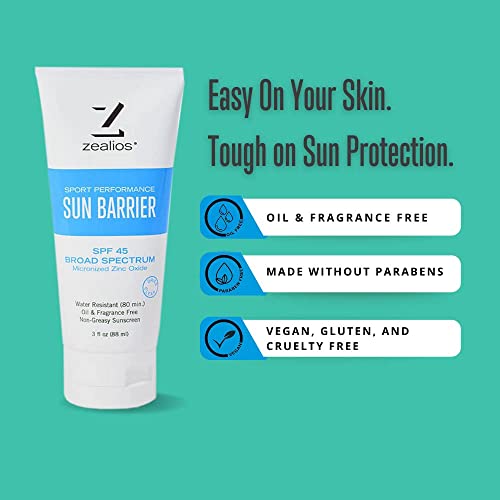 Sun Barrier 3 Oz By Zealios - Broad Spectrum Spf 45 Non-Greasy Water-Resistant Zinc Sunscreen - Last Absorbing Sunblock Body Lotion For Athletes #TOP2