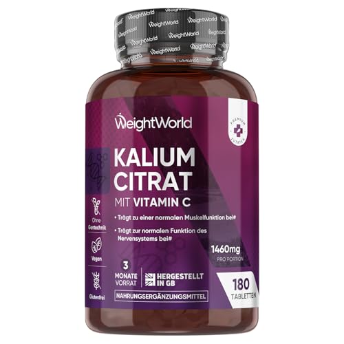 Kalium Tabletten mit Vitamin C - 1460mg pro Portion - 180 vegane Tabletten - Kalium trägt zu einer normalen Muskelfunktion bei(EFSA) - Potassium Citrate - Kaliumcitrat & L-Ascorbinsäure - WeightWorld