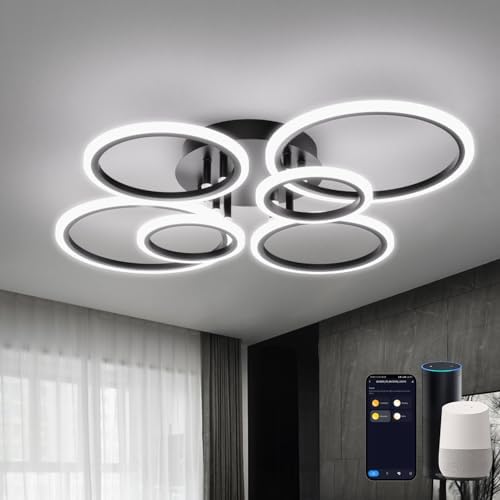 BAYHT Smart Plafonnier LED 28W Noir Lampe De Salon Avec Alexa Googe Home Dimmable Avec Télécommande Design Moderne Lampe De Chambre Couloir Balcon Et Bureau