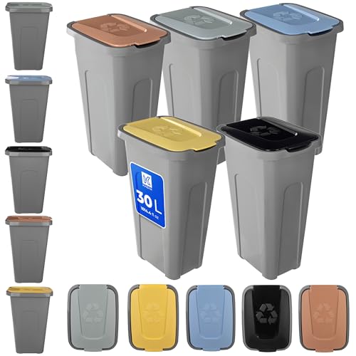 KADAX Mülleimer-Set für Abfalltrennung, 5 x 30L, Abfalleimerset für Mültrennungssystem, Müllsortierer, Abfallbehälter aus Kunststoff mit Klappdeckel (Alle Deckelfarben)