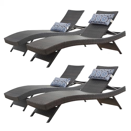 Summax - 79'' Long Reclining Chair Set of 4 with Cushions, Outdoor Chaise Lounge Set, Rattan Chaise Lawn Sunbathing Chairs, PE Wicker Reclining Lounge Chair for Backyard Poolside Beach, Dark Brown