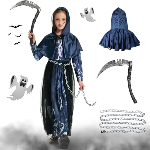 Joellfuner Disfraz de la Parca, Disfraces Halloween para Niños con Guadaña Capa con Capucha y Vestido, Traje Conjunto Grim Reaper Costume Niña para Carnaval Cosplay Disfraz de Fantasma (7-9 Años)