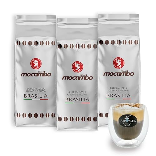 Mocambo Brasilia Silber Kaffeebohnen 3kg (3er Pack) + Glas