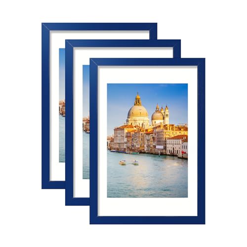 wyooxoo 11x17 Picture Frame Set of 3 Dark Blue Solid Wood Photo Frames Display Pictures 8x12 with Mat or 11x17 Without Mat Colorful Frame For Horizontal Vertical Wall Mounting