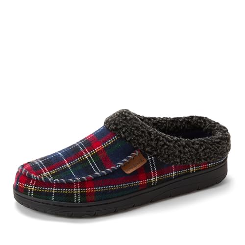 Dearfoams Men's Brendan Indoor/Outdoor Breathable Memory Foam Clog House Shoe with Wide Widths Slipper, Blue Plaid, 11-12