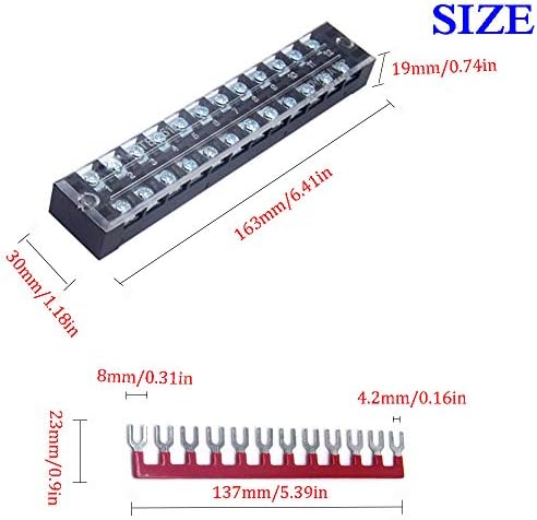 CEEYSEE 12pcs(6 Sets) 12 Positions Dual Rows Covered Screw Terminal Block 600V 25A + 6Pcs 12 Positions Pre-Insulated Black/Red Fork Terminal Barrier Strip 400V 25A (TB2512)