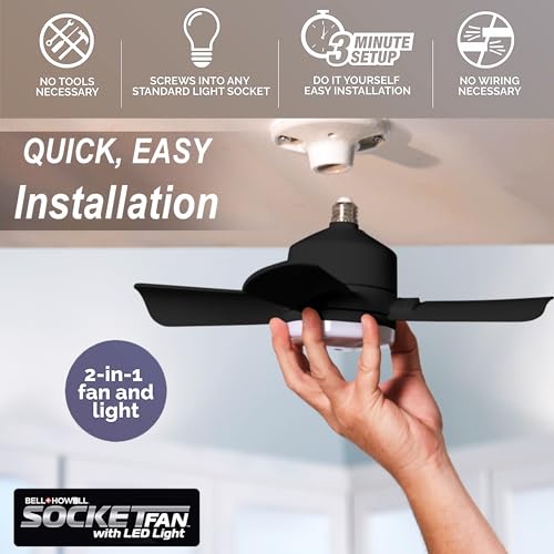 Bell+Howell Socket Breeze Deluxe, Small Ceiling Fan with LED Light and Remote, Adjustable Speeds and Brightness, Light Socket Fan for Bedroom, Kitchen, Living Room, 1000 Lumens