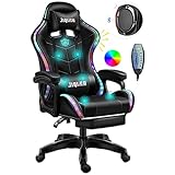 Video Gaming Chairs with LED Light, Ergonomic Pro Gaming Chair with Full Massage Lumbar Support, Bluetooth Speakers Computer Chair for Retractible Footrest and Backrest Adjustable,Black