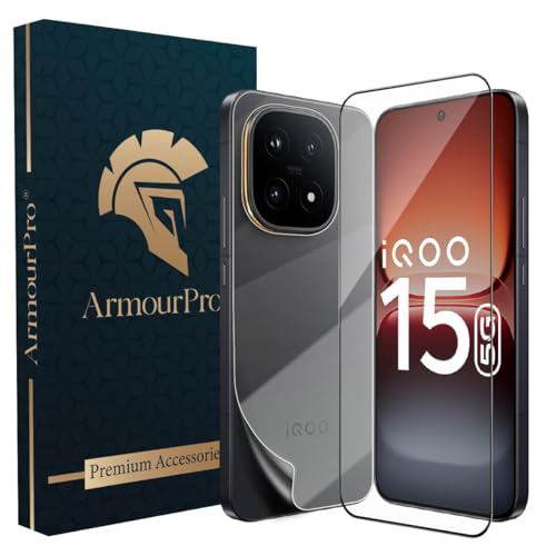Image of ArmourPro Tempered Glass for iQOO 15 with Back Clear Membrane Guard, Edge to Edge Screen Protector, Anti-Bubble, Anti-Fingerprint, Oil Resistant, Installation Kit | Black