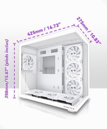 MUSETEX Y6 Case PC, con 7 Ventole PWM ARGB (Infinity Mirror) Preinstallate, Case ATX Mid Tower, Case PC Gaming con Type-C, Vetro Temperato a 270° Vista Completa,Bianco,Taglia: 42,5P x 27,5l x 39,8H cm - 13