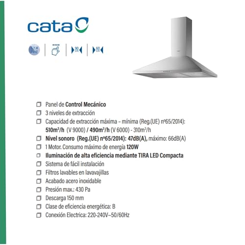Cata Campana Extractora VZX 9000 X/A Campana de Pared Decorativo 90 cm Capacidad de Extracción de 510m3/h 3 niveles de Potencia Acabado en Acero Inoxidable - imagen 2