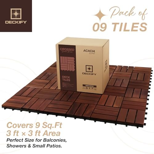 DECKIFY 9Pcs Premium Acacia Wood Interlocking Patio Deck Tiles, 12 x 12 x 0.9 Inch Outdoor Flooring, Waterproof for All-Weather Use – Crossed, Dark Brown — view 6