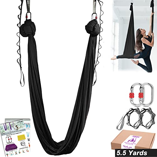 Aerial Yoga Hammock Kit 5.5 Yards Aerial Silks Yoga Swing Flying For Home Antigravity Inversion Flexibility Core Strength Exercise, All Levels, With Hardware Straps Guide (16.5X9.2Ft), Black #TOP1