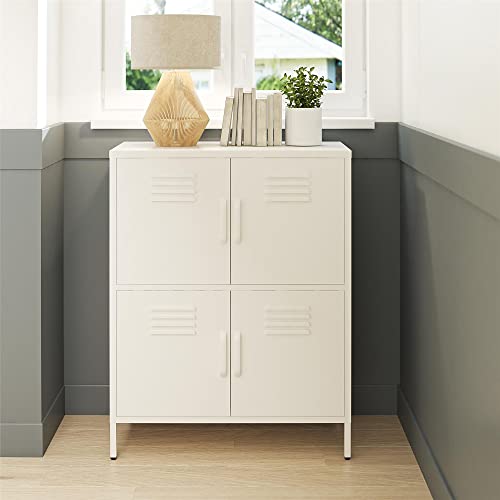 REALROOMS Shadwick 4 Door Metal Locker Style Accent Storage Cabinet, Soft White