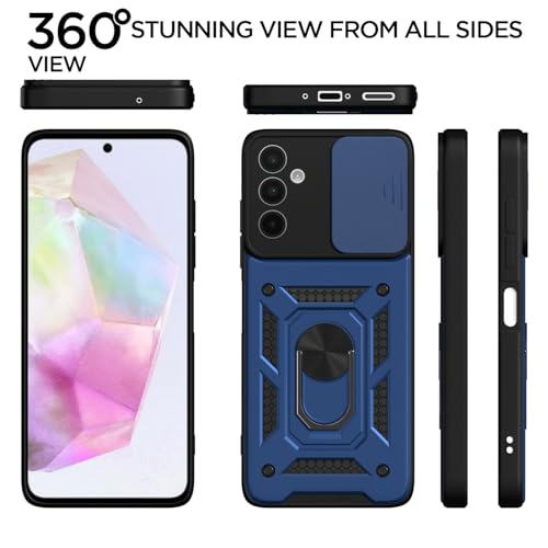 Image of Pikkme Back Cover for Samsung Galaxy A26 5G | 360 Protection Case | Sliding Camera Shield Cover & Ring Holder Stand D10 Tough Armor Bumper Case (Blue)