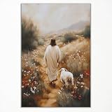 Jesus Leaves The 99 Sheep Wall Art, Jesus and Lamb Canvas Poster, Christian The Good Shepherd Oil Painting, Christ Rustic Flower Field Landscape Print, Religious Spiritual Gift 8x12in Unframed