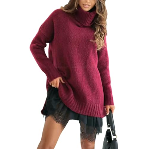 Fryloo Vestito Abito Maglione da Donna A Collo Alto in Due Pezzi, Maglia Maniche Lunghe con Rifiniture Pizzo per Abbigliamento Casual Autunno-Inverno-Rosa Caldo-l