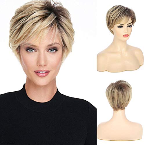 Kaneles Short Blonde Wigs with Bangs for White Women Layered Fluffy Synthetic Hair Natural Heat Resistant Cosplay Wigs with Wig Cap
