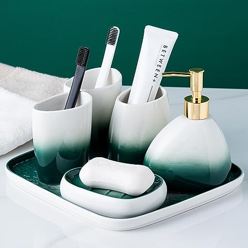Zestaw dozowników mydła z zielonego marmuru – 5-częściowy zestaw akcesoriów łazienkowych zawiera ceramiczny dozownik mydła, mydelniczkę, 2 kubki na szczoteczki do zębów i uchwyt, elegancki złoty wzór