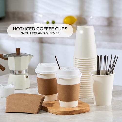 [100 Pack] 12 oz Paper Coffee Cups, Disposable Paper Coffee Cup with Lids, Sleeves, and Stirrers, Hot/Cold Beverage Drinking Cup for Water, Juice or Tea, Suitable for Home, Shops and Cafes - Thumbnail 2