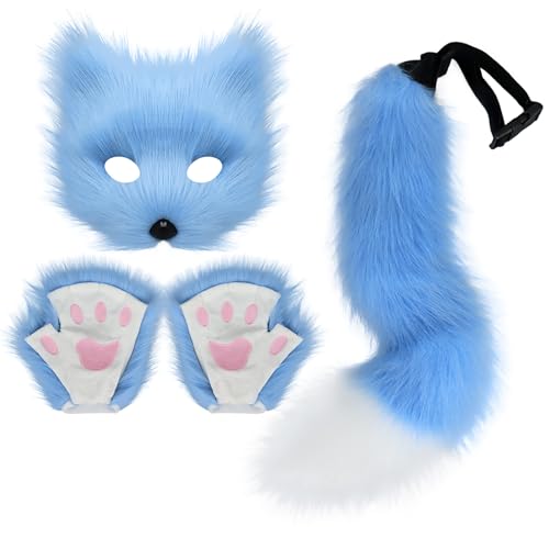 Faux Fur Cat Fox Mask Tail and Paw Set Wolf Furry Suit Plush Therian Accessories Kit Halloween Masquerade Cosplay Costume for Girls Women Blue