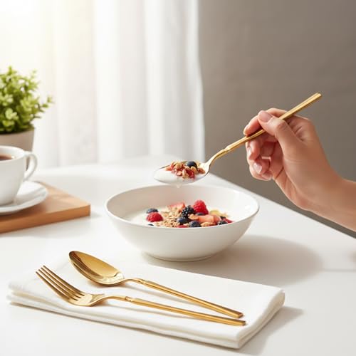 Image of 30 Pcs Gold Cutlery Set for Dining Table the Perfect Lightweight Silim Handle Tableware Including Dinner Spoon, Dinner Fork, Dinner Knife, Dessert Spoon & Dessert Fork