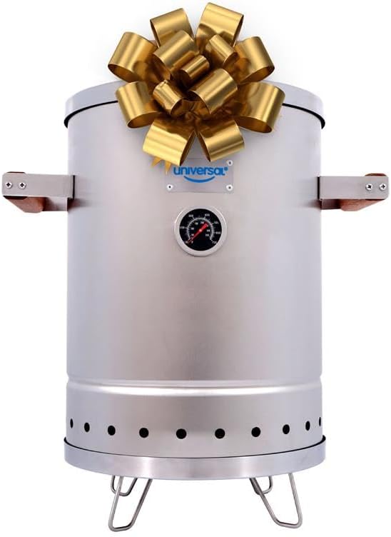 Universal (6-pound) Stainless Steel (Small) Charcoal Barrel Smoker with Thermometer & Airlock system - 16.5"x 21.18" x ⌀11.81", 2 in 1 Vertical Smoker - Grill and Smoker, 6-serving Slow Cooking Smoker