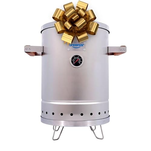Universal (6-pound) Stainless Steel (Small) Charcoal Barrel Smoker with Thermometer & Airlock system - 16.5"x 21.18" x ⌀11.81", 2 in 1 Vertical Smoker - Grill and Smoker, 6-serving Slow Cooking Smoker