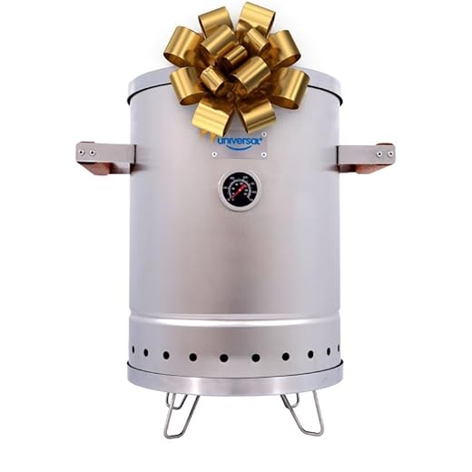 Universal (6-pound) Stainless Steel (Small) Charcoal Barrel Smoker with Thermometer & Airlock system - 16.5"x 21.18" x ⌀11.81", 2 in 1 Vertical Smoker - Grill and Smoker, 6-serving Slow Cooking Smoker