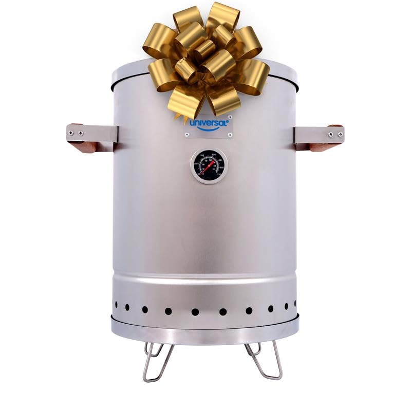 Universal (6-pound) Stainless Steel (Small) Charcoal Barrel Smoker with Thermometer & Airlock system - 16.5