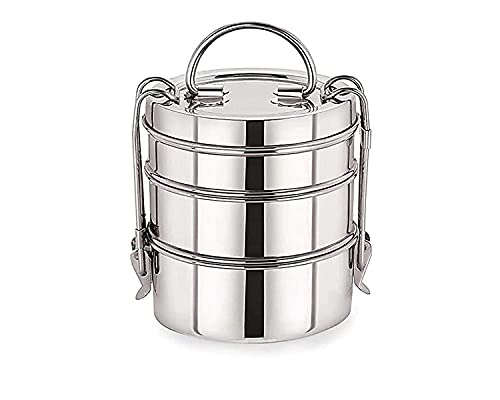 Image of BLeaf Stainless Steel Lunch Box /Tiffin Box for Office, School & Travel | 3 Layer Leak Resistant Food Grade Tiffin Carrier with Handle | Rust Proof & Dishwasher Safe | 650 ML Capacity