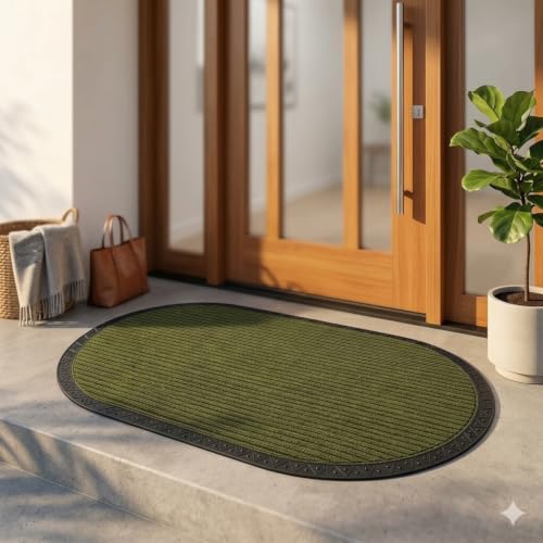 Image of Heavy Duty Front Door Mat 45 x 75 cm, Outdoor Indoor Welcome Mat, Non Slip Dirt Trapper Entrance Rug for Entryway, Patio & Porch,Washable Low Profile Foot Mat (Green Oval 2 x 3.5 feet)
