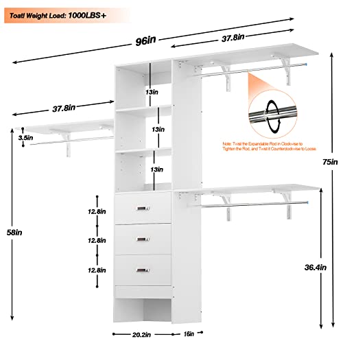 Armocity 96 Inches Closet System, 8Ft Walk In Closet Organizer With 3 Shelving Towers, Heavy Duty Clothes Rack With 3 Drawers, Built-In Garment Rack, 96" L X 16" W X 75" H, Max Load 1000 Lbs, White #TOP6