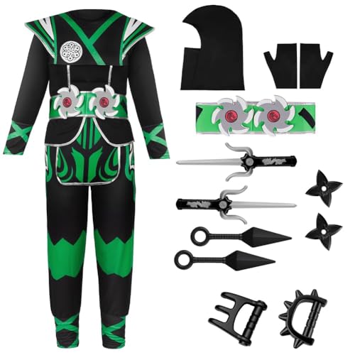 BSBUY Kostium Ninja dla dzieci, zestaw Ninja, kostium Ninja, kostium Cosplay Fighter, kostium dla chłopców i dziewczynek, akcesoria do kostiumu ninja, na Halloween, karnawał, Cosplay, zielony, S